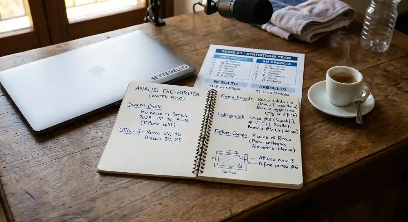 Scrivania di analisi pre-match con appunti sulle formazioni, scontri diretti e forma recente delle squadre di pallanuoto
