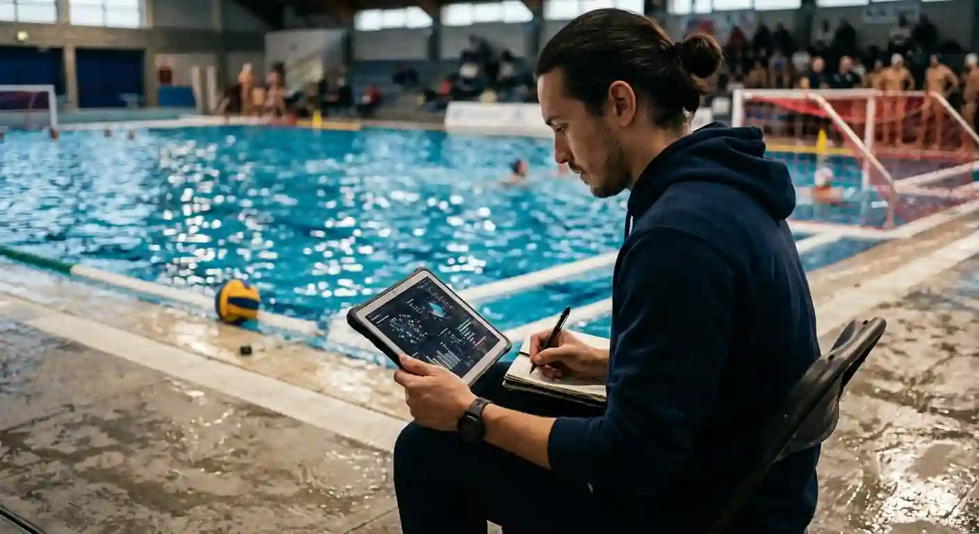 Scommettitore analizza quote pallanuoto su tablet seduto sul bordo della vasca