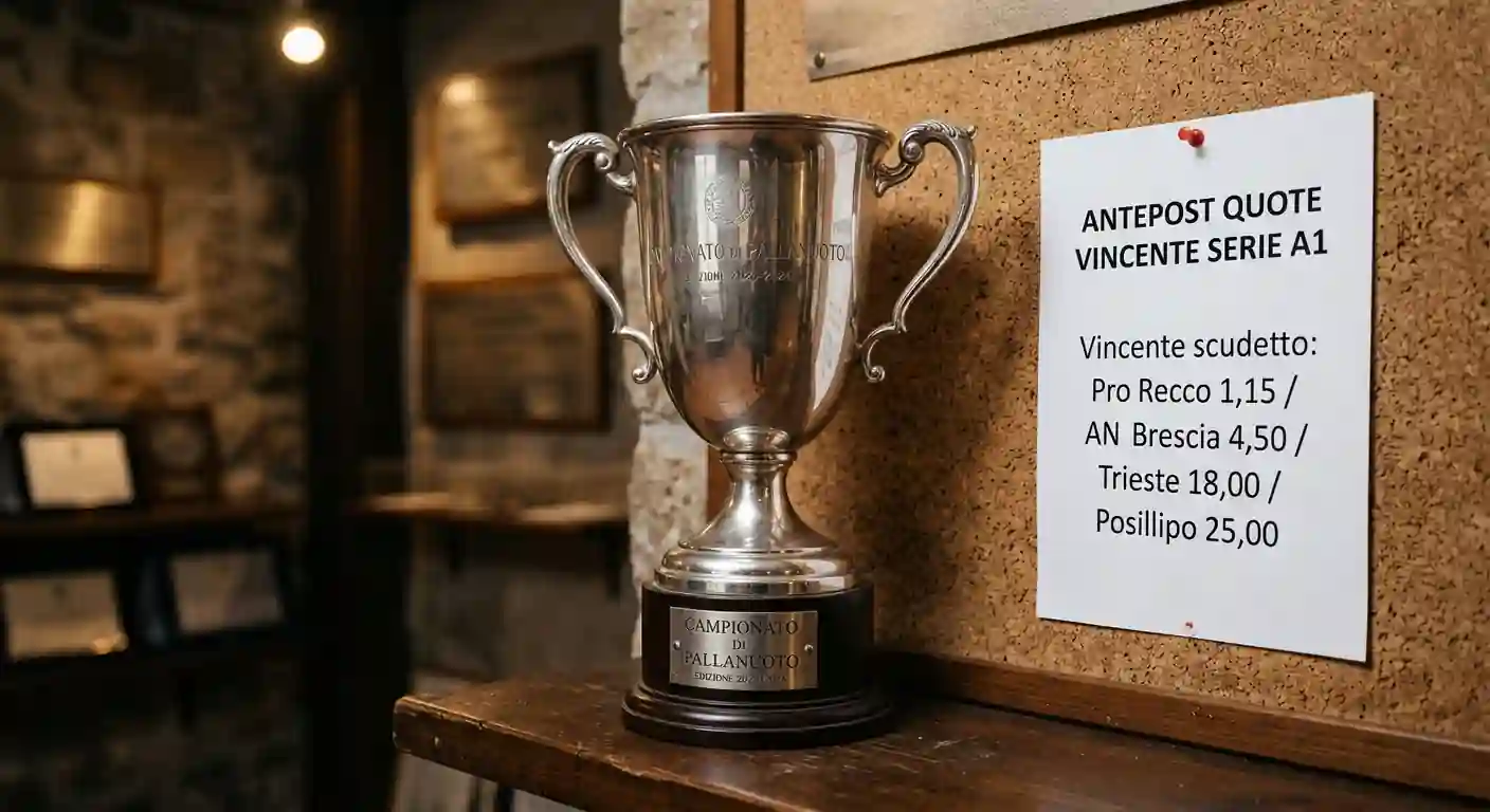 Trofeo dello scudetto di pallanuoto sul bordo vasca accanto a una lavagna con quote antepost delle principali squadre
