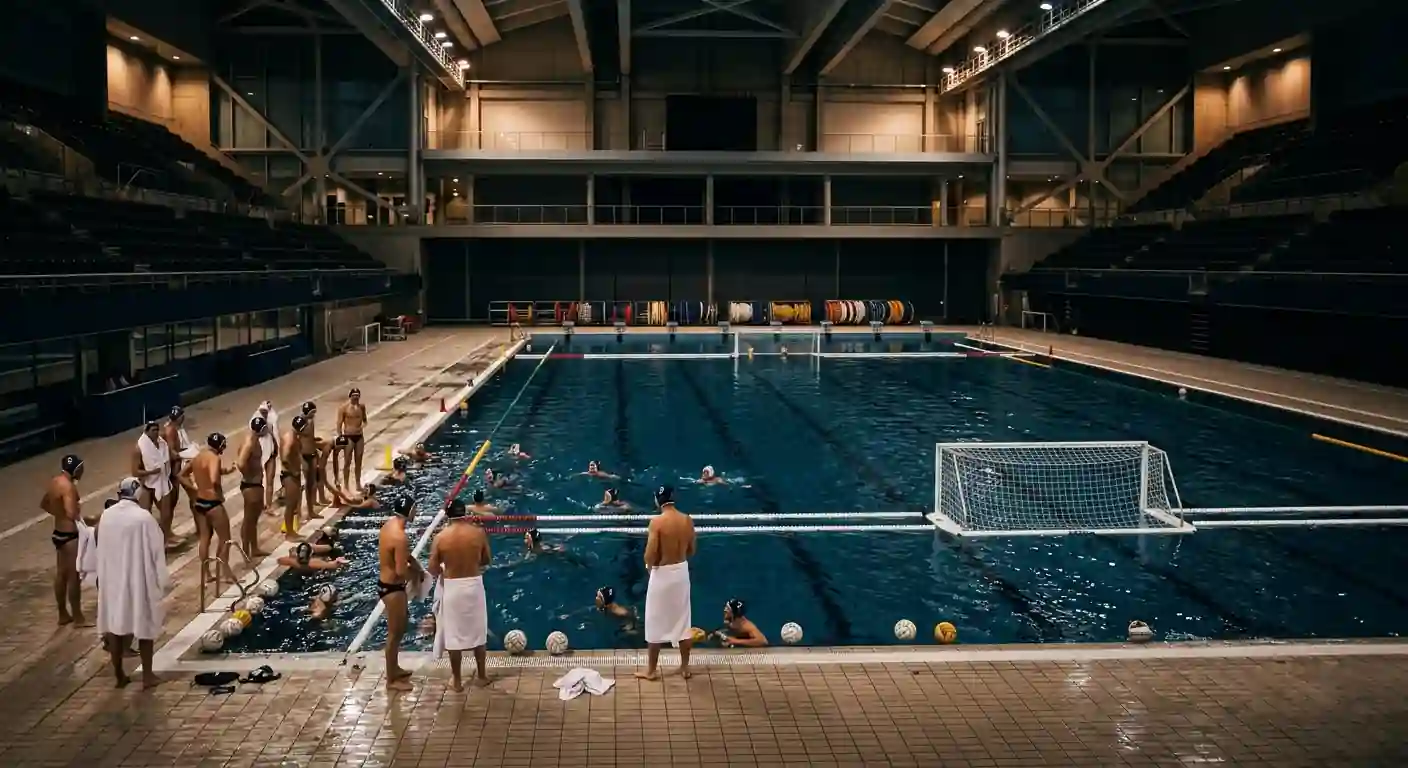 Vasca olimpica preparata per la Final Eight di pallanuoto con squadre in riscaldamento