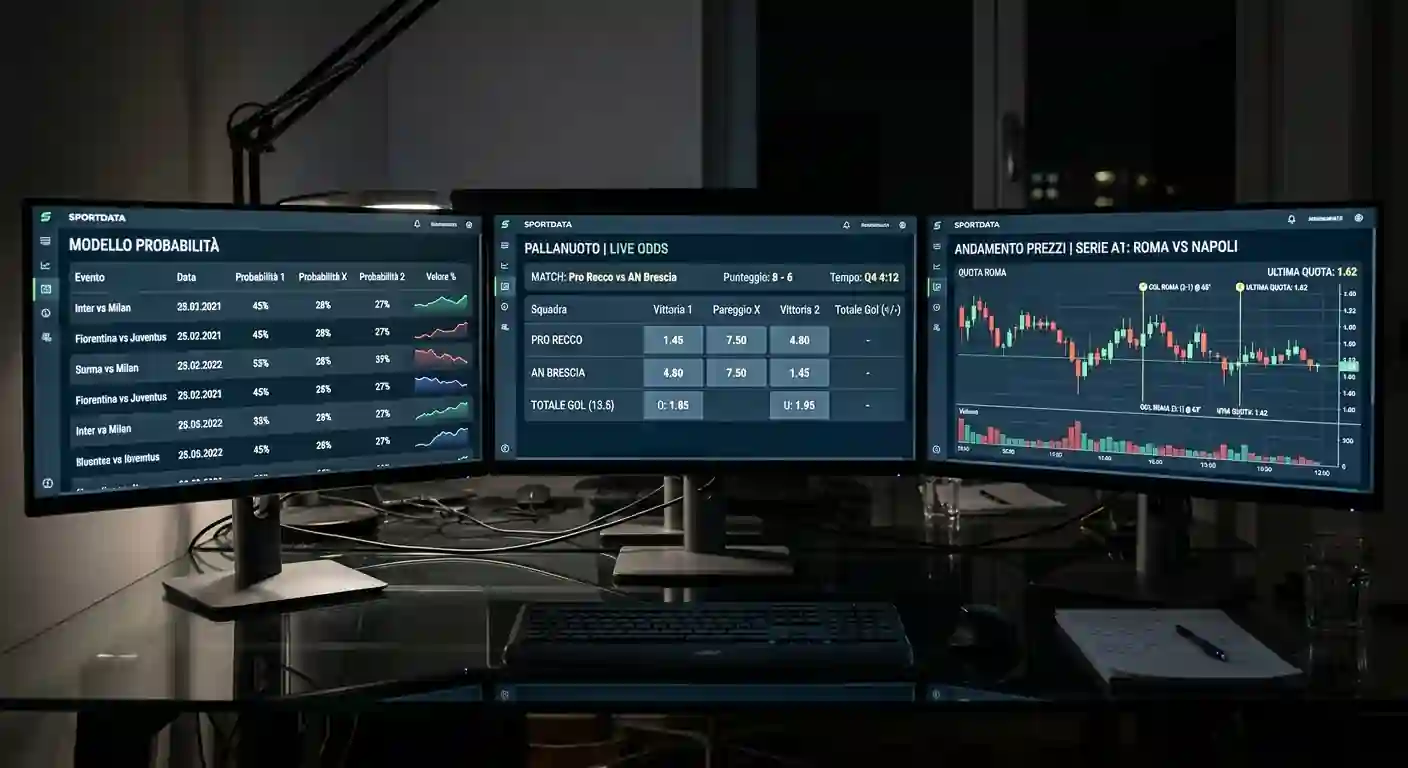 Trading desk di un bookmaker con schermi multipli che mostrano le quote in formazione su un match di pallanuoto
