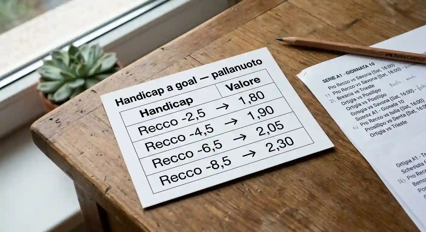 Tabella di quote handicap a goal su un derby di pallanuoto con linee tipiche da -1,5 a -5,5 reti