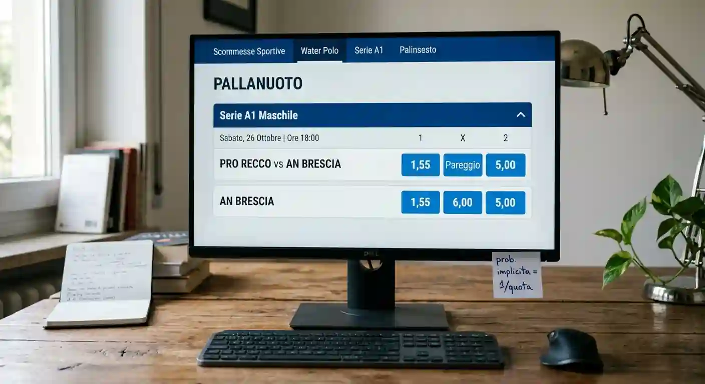 Schermata di palinsesto pallanuoto con quote decimali sul mercato 1X2 e calcolo della probabilità implicita