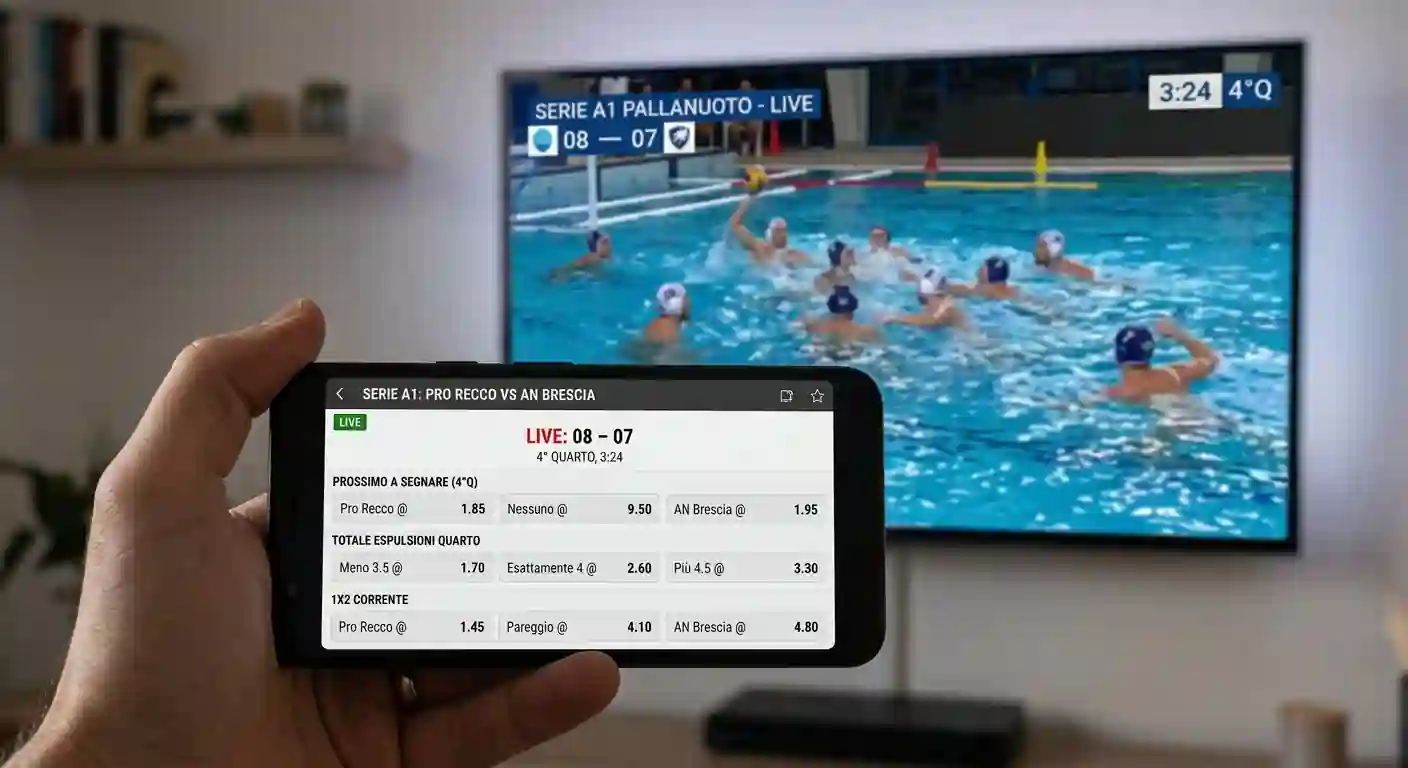 Spettatore con smartphone aperto sull'app di scommesse live durante una partita di Serie A1 trasmessa in diretta