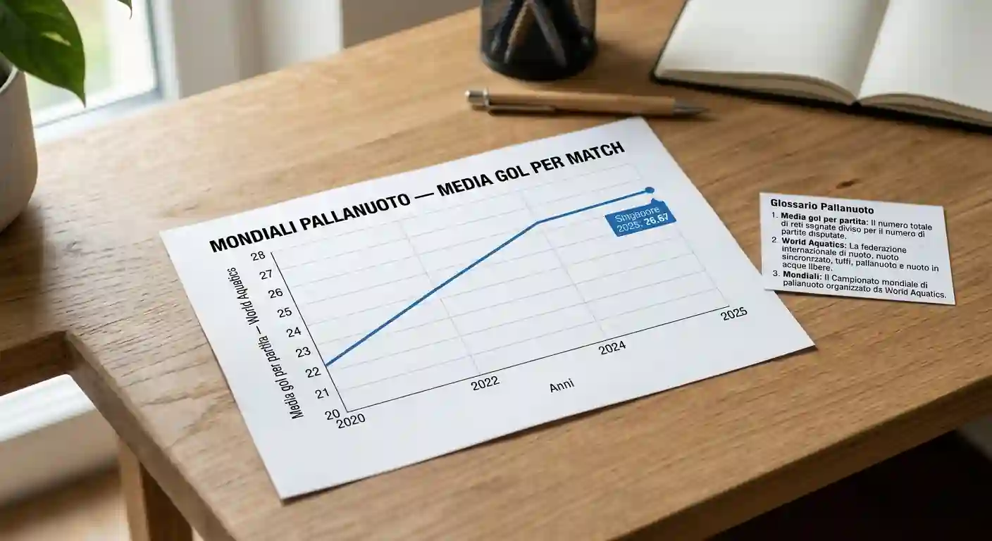 Grafico a linea con l'incremento della media gol per partita nei tornei pallanuoto dal 2022 al 2025