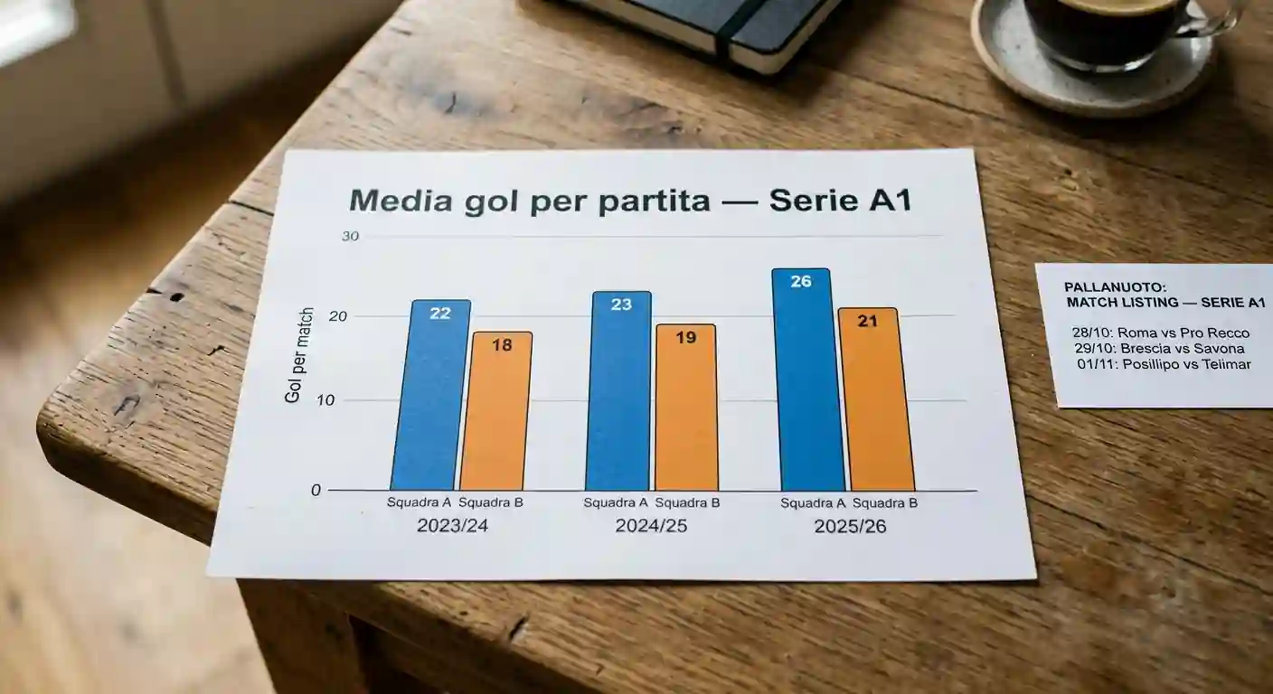 Grafico a colonne con la media gol per partita di Serie A1 in confronto fra stagione 2023/24 e stagione 2025/26
