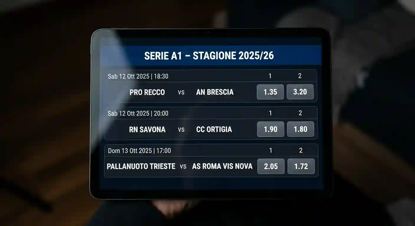 Schermata di palinsesto Serie A1 con il mercato 1-2 senza pareggio dopo l'abolizione della X nella stagione 2025/26