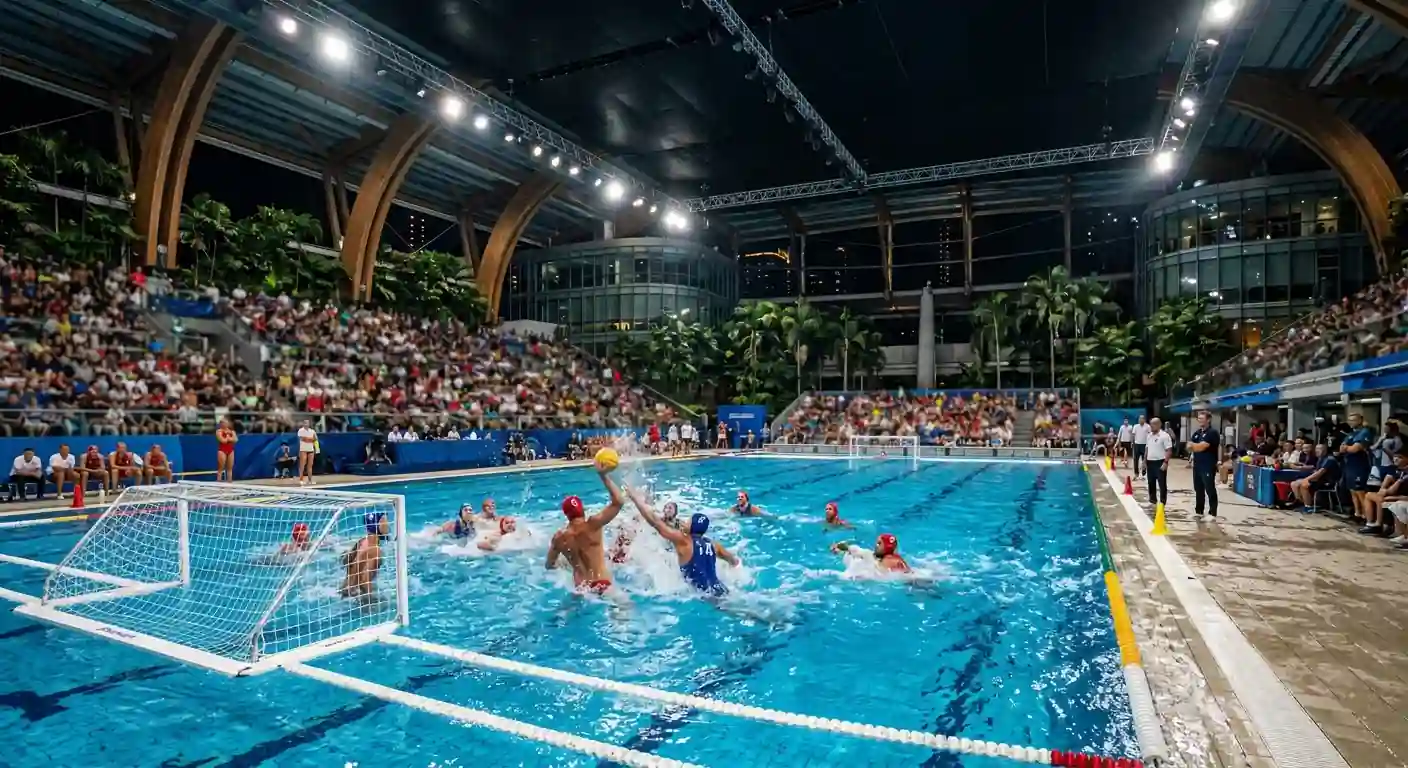 Arena indoor del Mondiale Singapore 2025 di pallanuoto durante un match