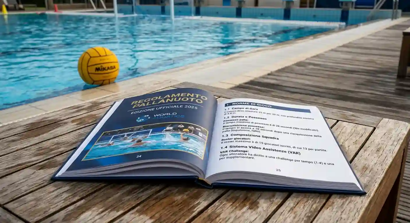 Documento ufficiale del regolamento World Aquatics 2025 aperto sul bordo della vasca di pallanuoto con timbro federale