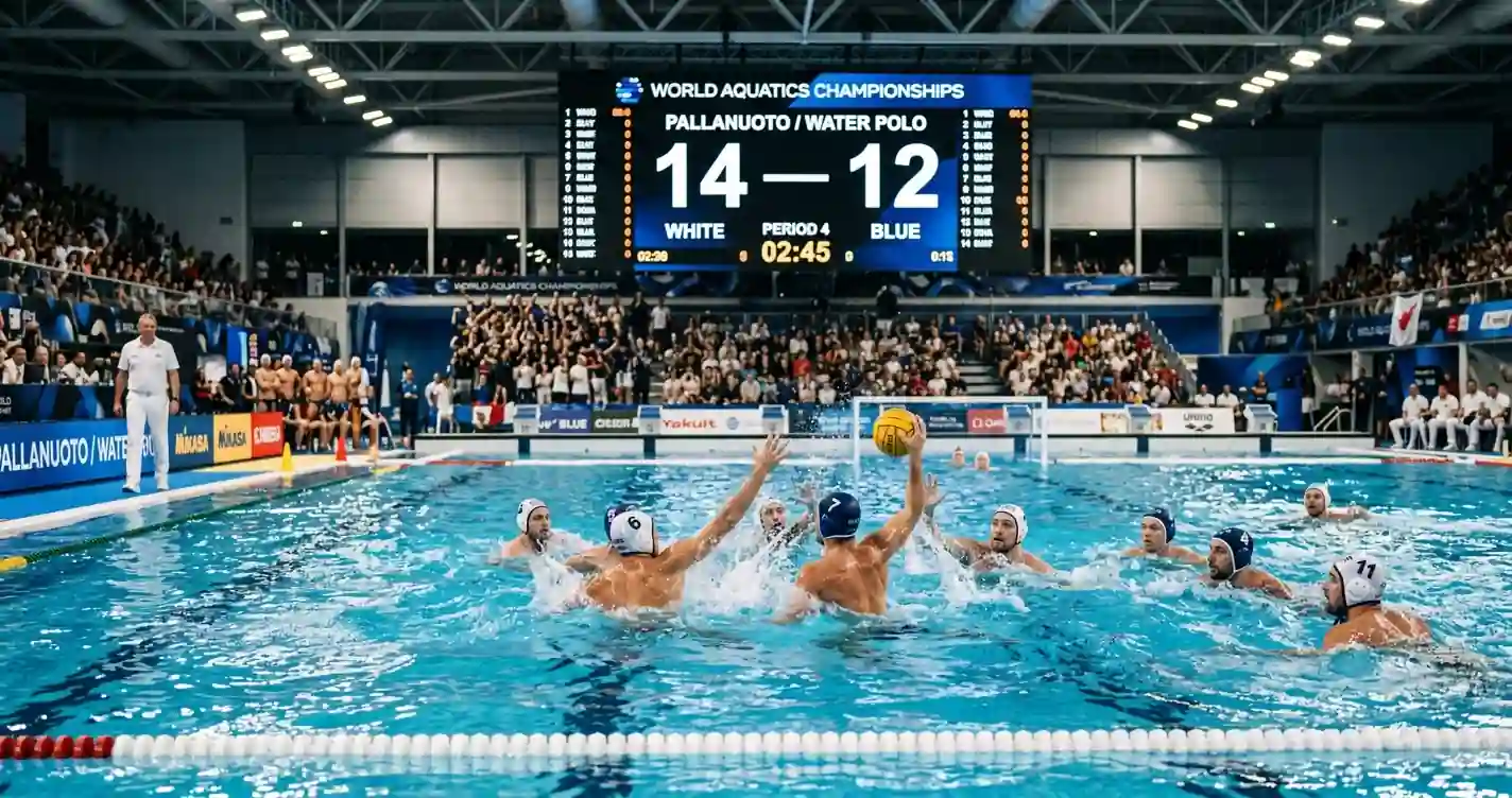 Vasca di pallanuoto del Mondiale World Aquatics con tabellone che mostra il punteggio elevato di un match a oltre 26 reti