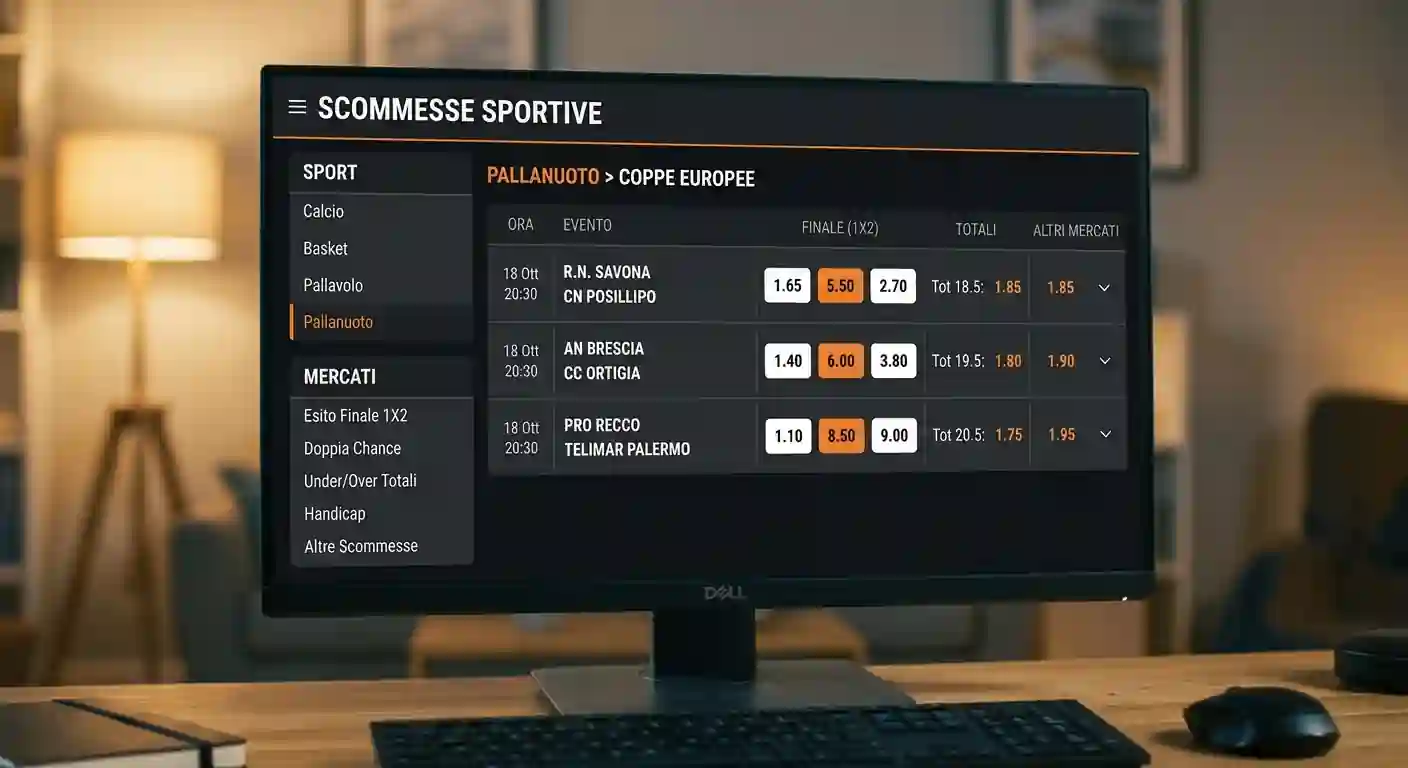 Schermata di palinsesto bookmaker italiano con partite di Champions League di pallanuoto