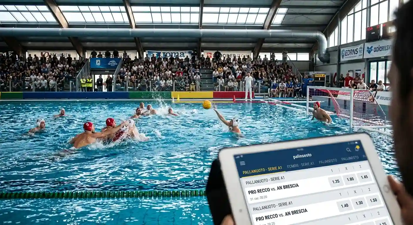Vasca di pallanuoto della Serie A1 con sovraimpressione del palinsesto bookmaker per la giornata di campionato