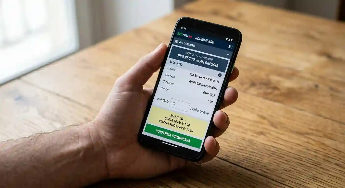 Smartphone con app di scommesse pallanuoto aperta su una schedina con quota e importo della giocata in fase di conferma