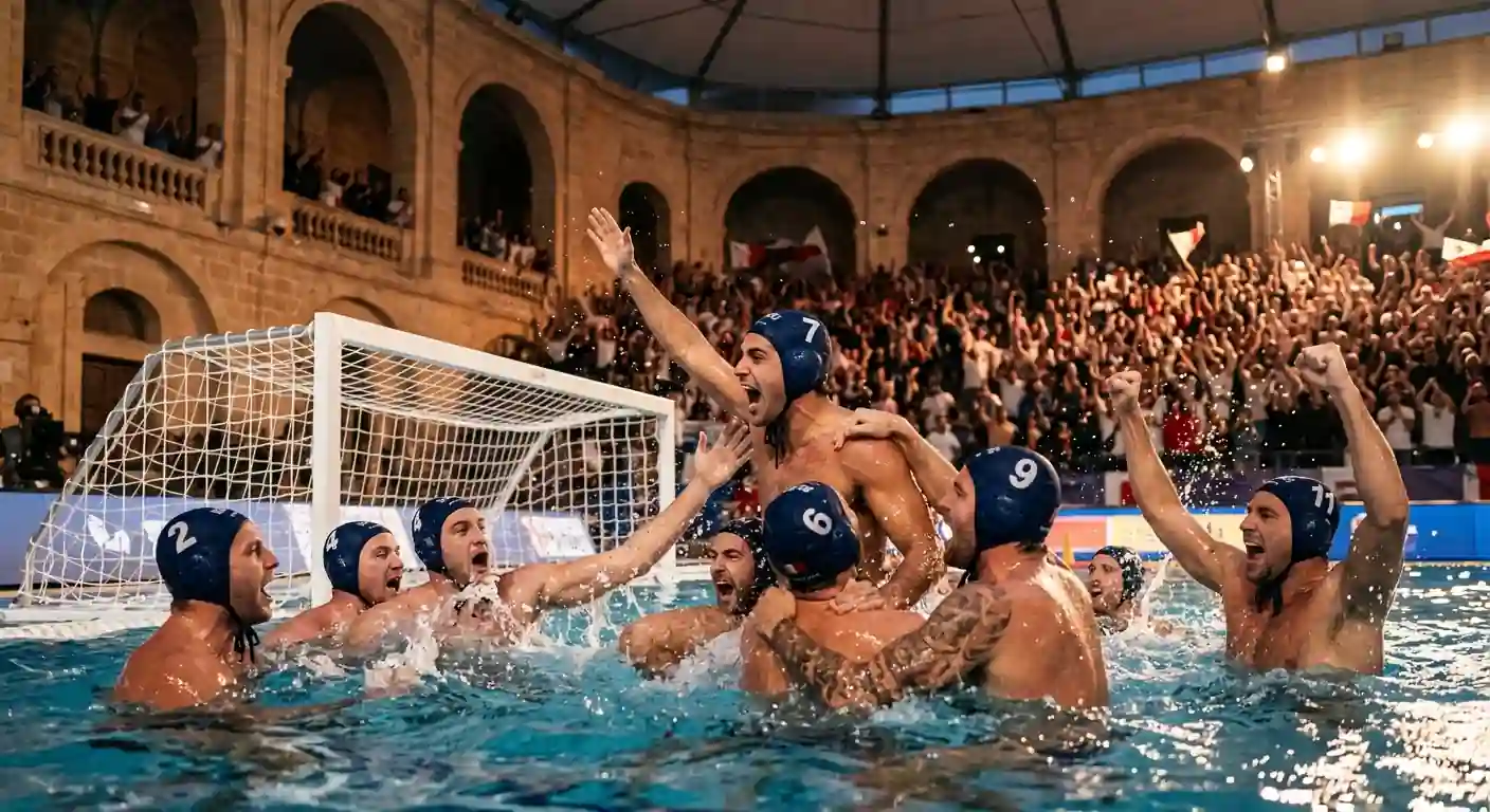 Squadra di Pro Recco durante una finale europea di pallanuoto a Malta