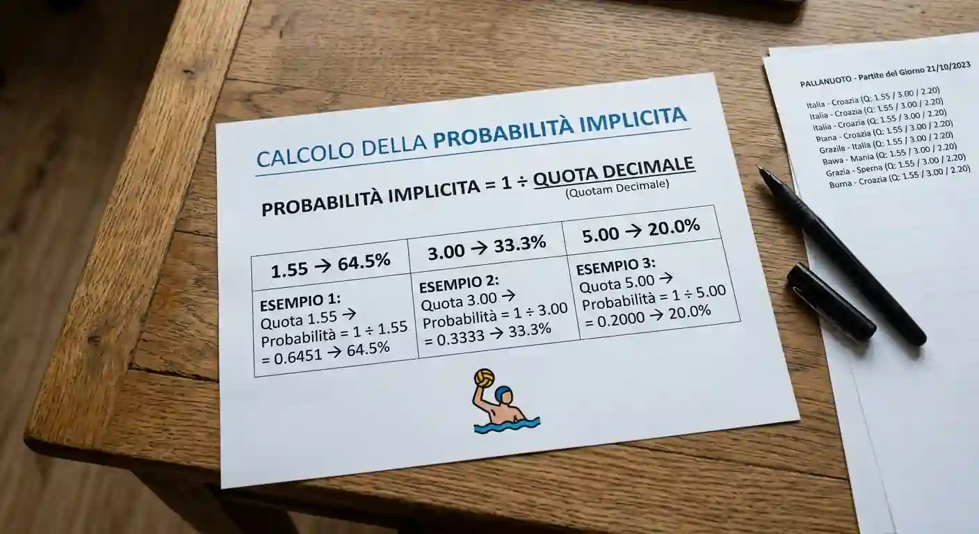 Pannello esplicativo con la formula della probabilità implicita applicata a una quota decimale del mercato pallanuoto