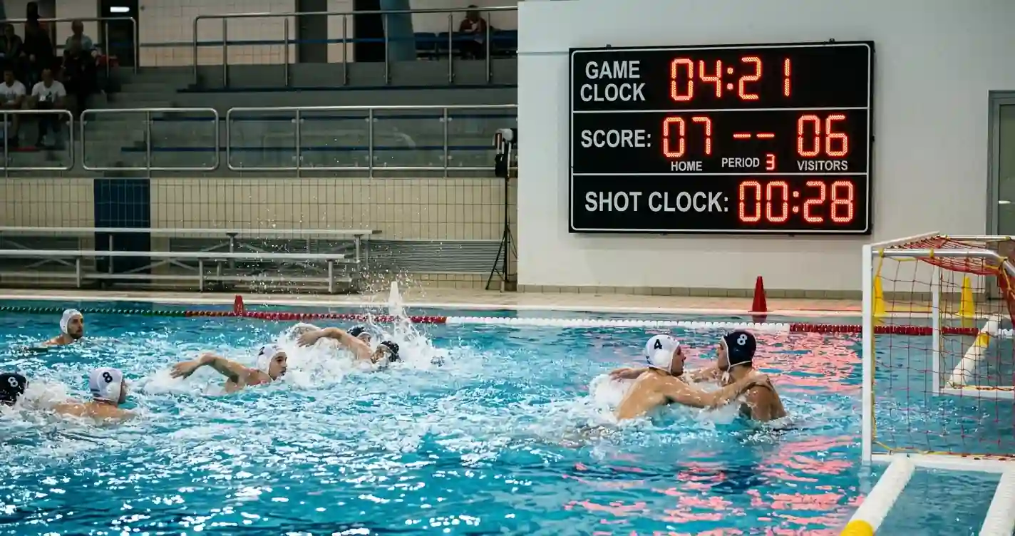Tabellone segnapunti pallanuoto con shot clock a 28 secondi durante il quarto periodo di un match di Serie A1