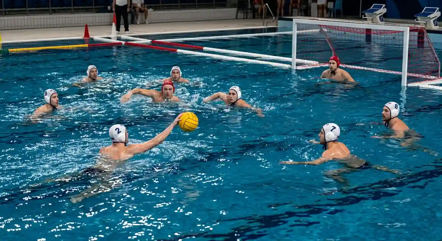 Vasca di pallanuoto durante un'azione di gioco con i sette giocatori in calottina e il pallone vicino alla porta