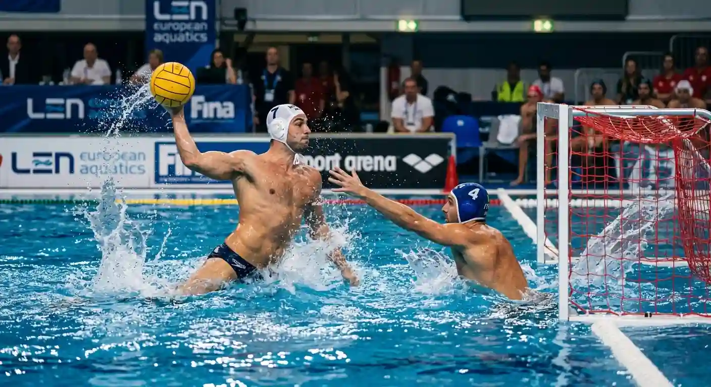 Pallanuotista in azione di tiro dal perimetro durante un match di Serie A1, con difensore in marcatura