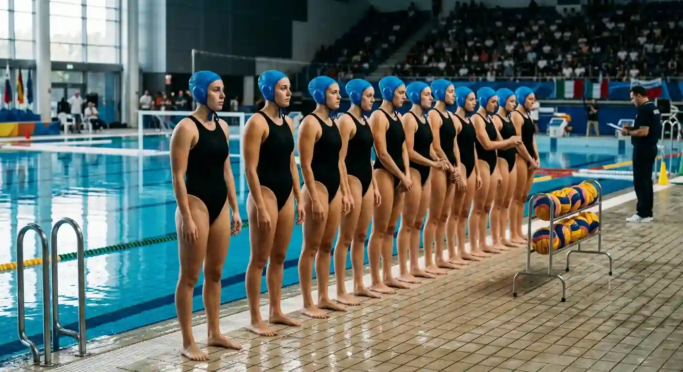 Squadra di AN Brescia con calotte azzurre durante una partita di Serie A1 di pallanuoto