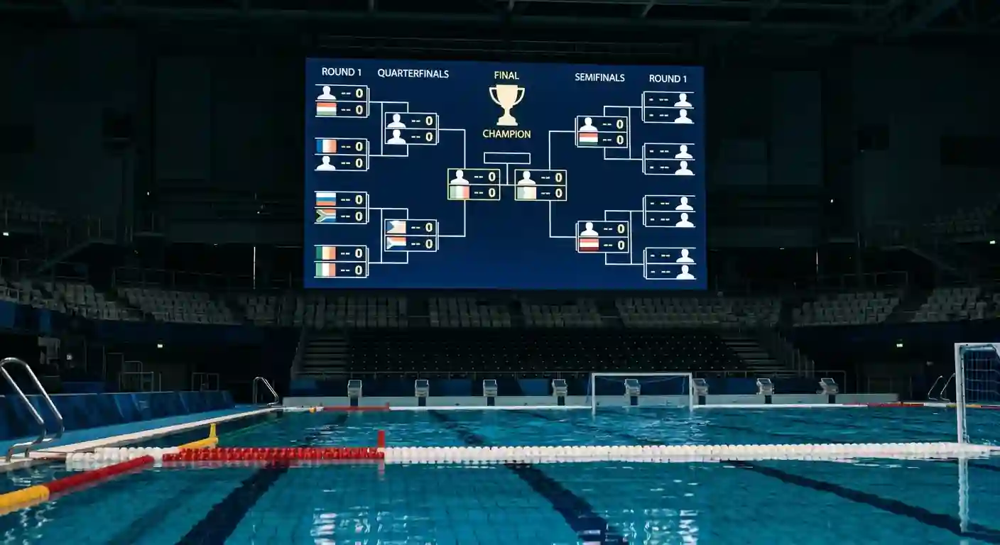 Tabellone del torneo iridato di pallanuoto con bandiere delle nazionali partecipanti