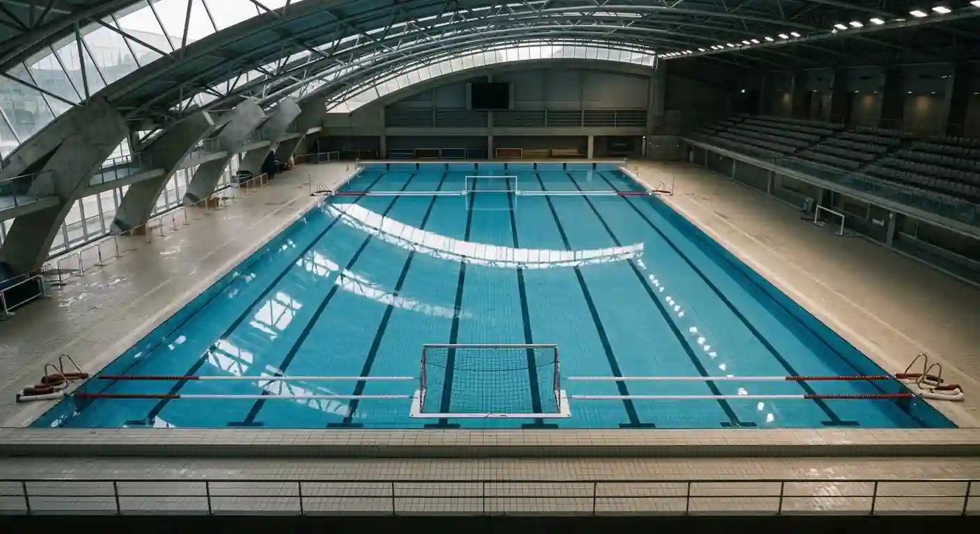 Vasca olimpica di pallanuoto con cinque cerchi olimpici sul fondo