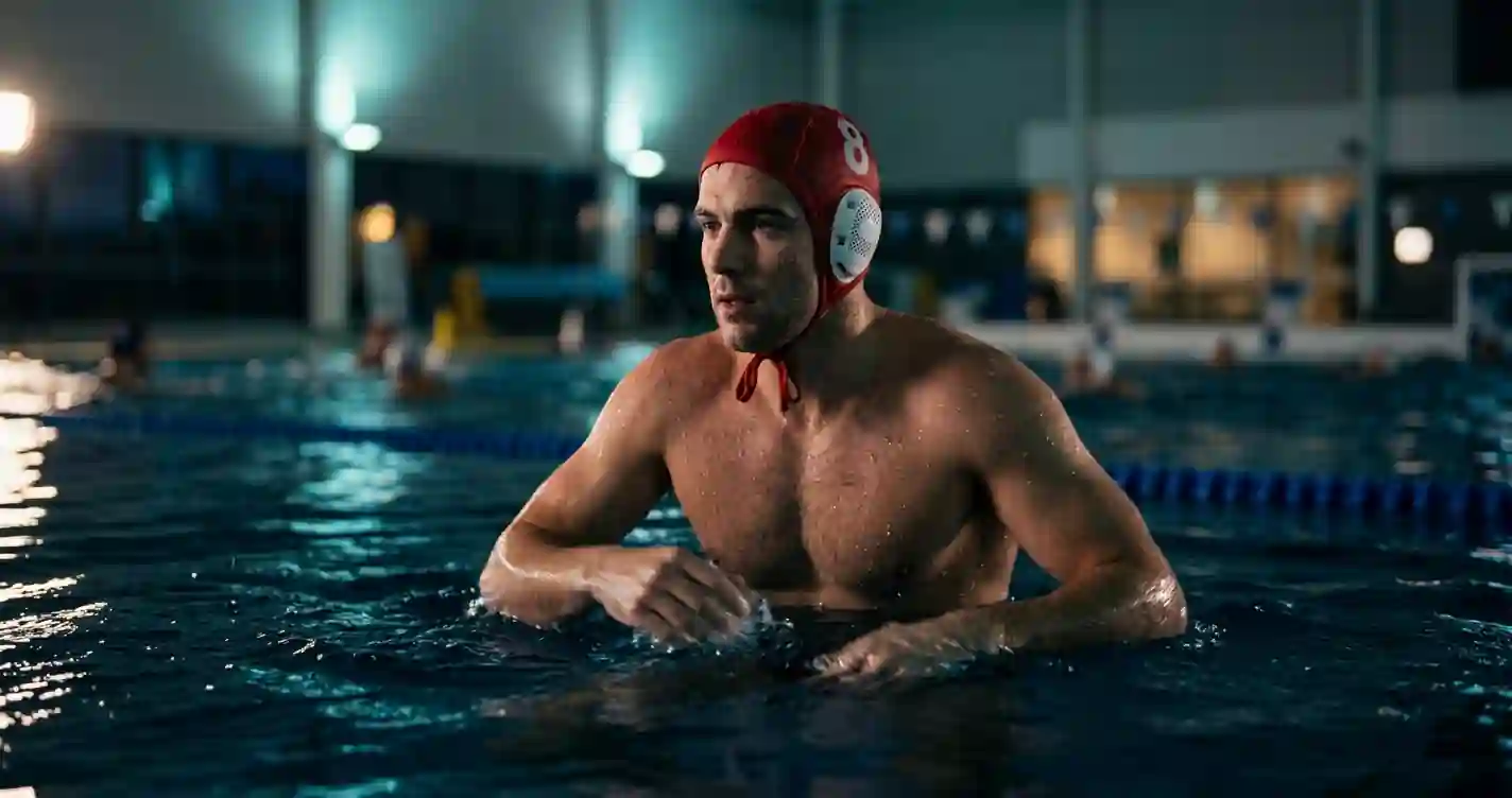 Giocatore di pallanuoto con calotta rossa emerge dall'acqua durante una partita di Serie A1