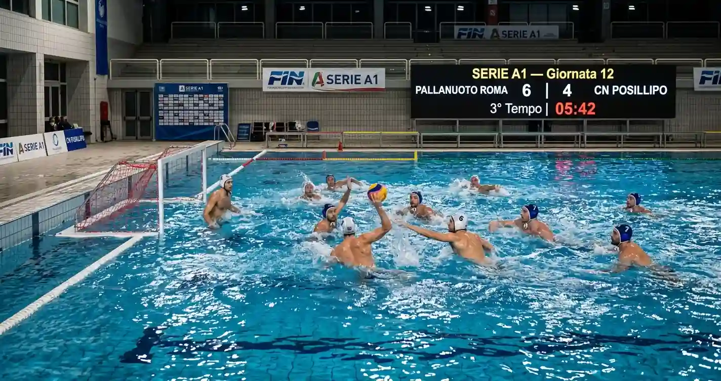 Vasca pallanuoto Serie A1 durante un turno di campionato con due squadre in acqua e tabellone della giornata