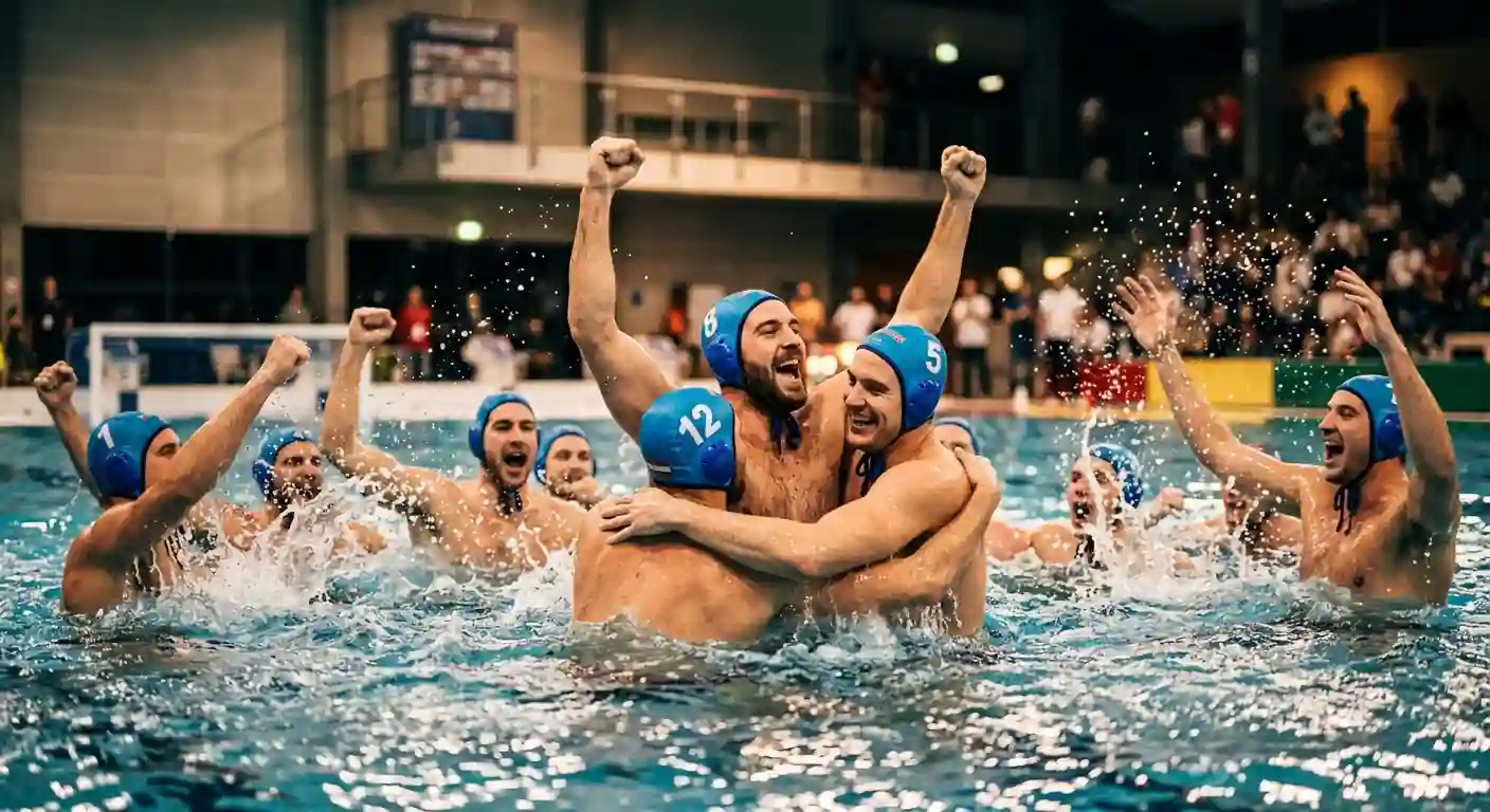 Esultanza del Settebello dopo una vittoria in un torneo internazionale di pallanuoto