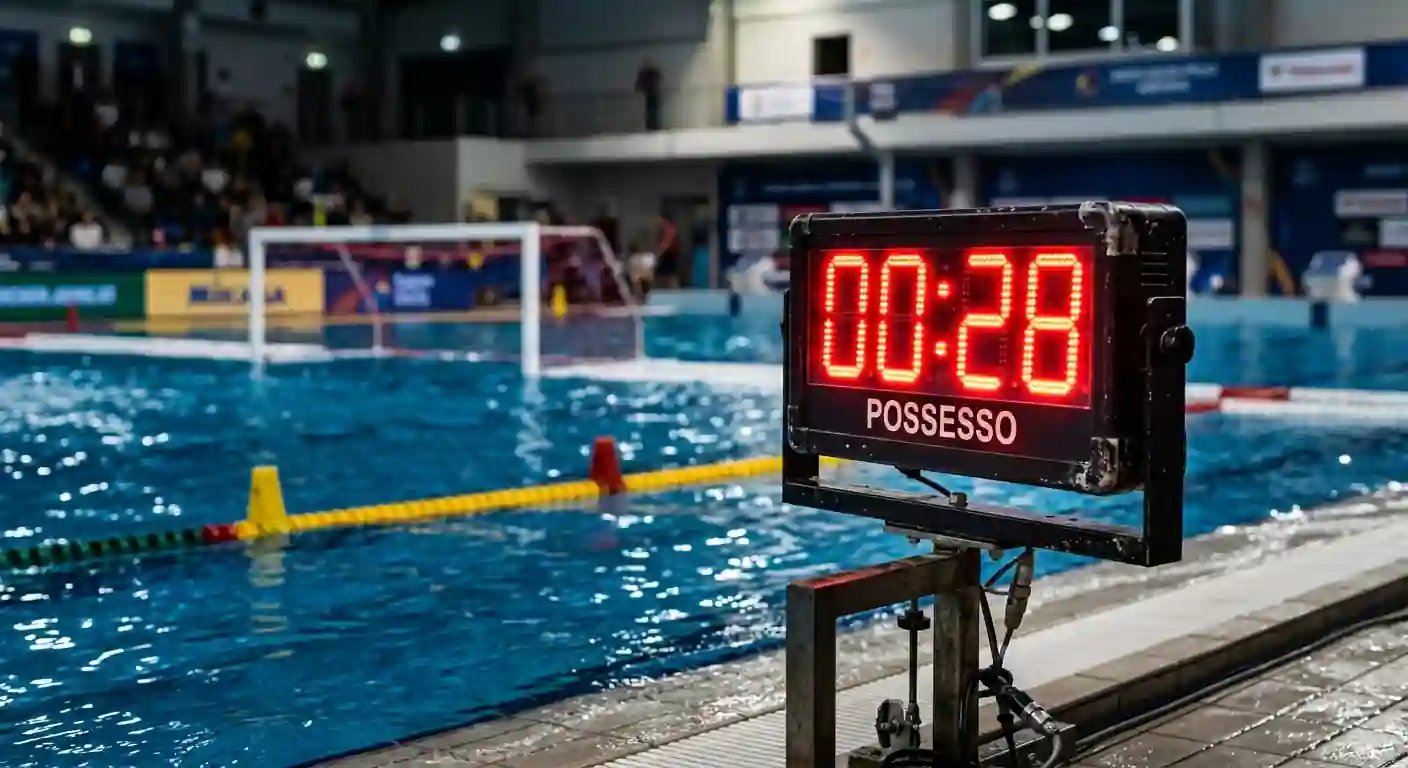 Shot clock pallanuoto a bordo vasca che indica 28 secondi di possesso secondo il nuovo regolamento World Aquatics
