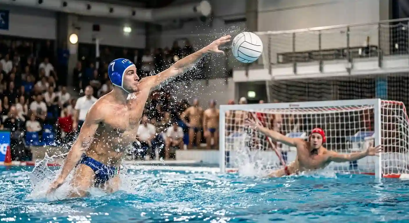 Giocatore di pallanuoto esegue un tiro perimetrale verso la porta avversaria