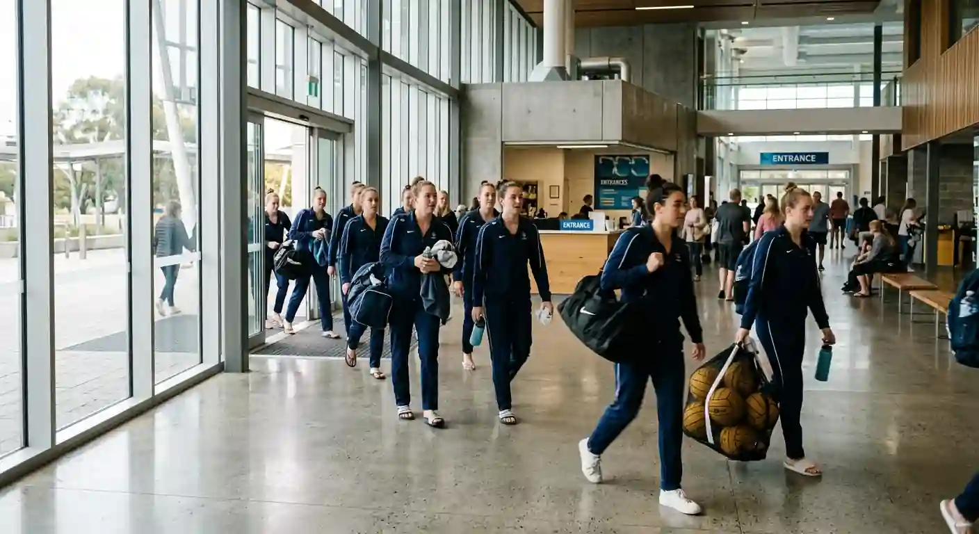 Squadra di pallanuoto in trasferta continentale all'arrivo in piscina ospite