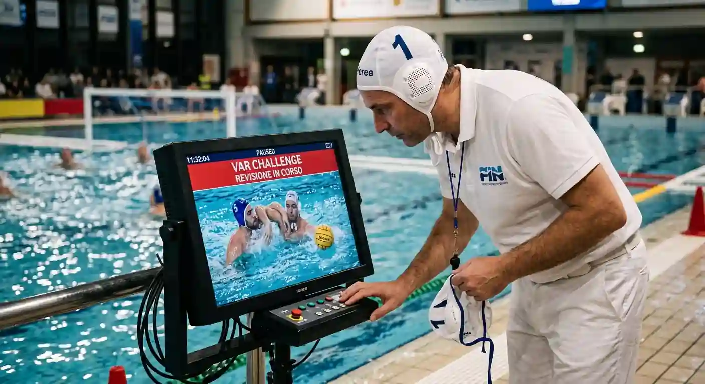Arbitro di pallanuoto a bordo vasca consulta il monitor del VAR challenge durante la revisione di un episodio di gioco