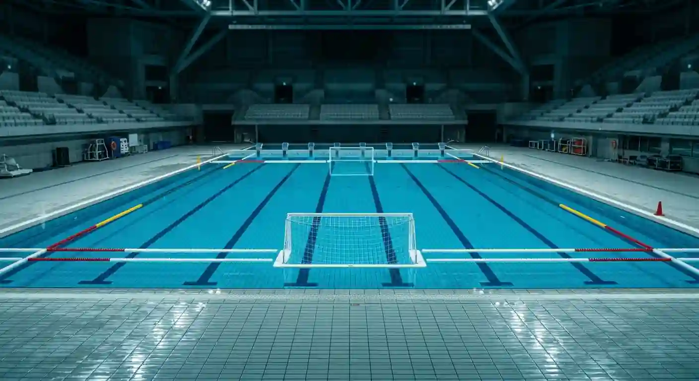 Vasca olimpica di pallanuoto vuota con corsie blu prima dell'inizio della partita