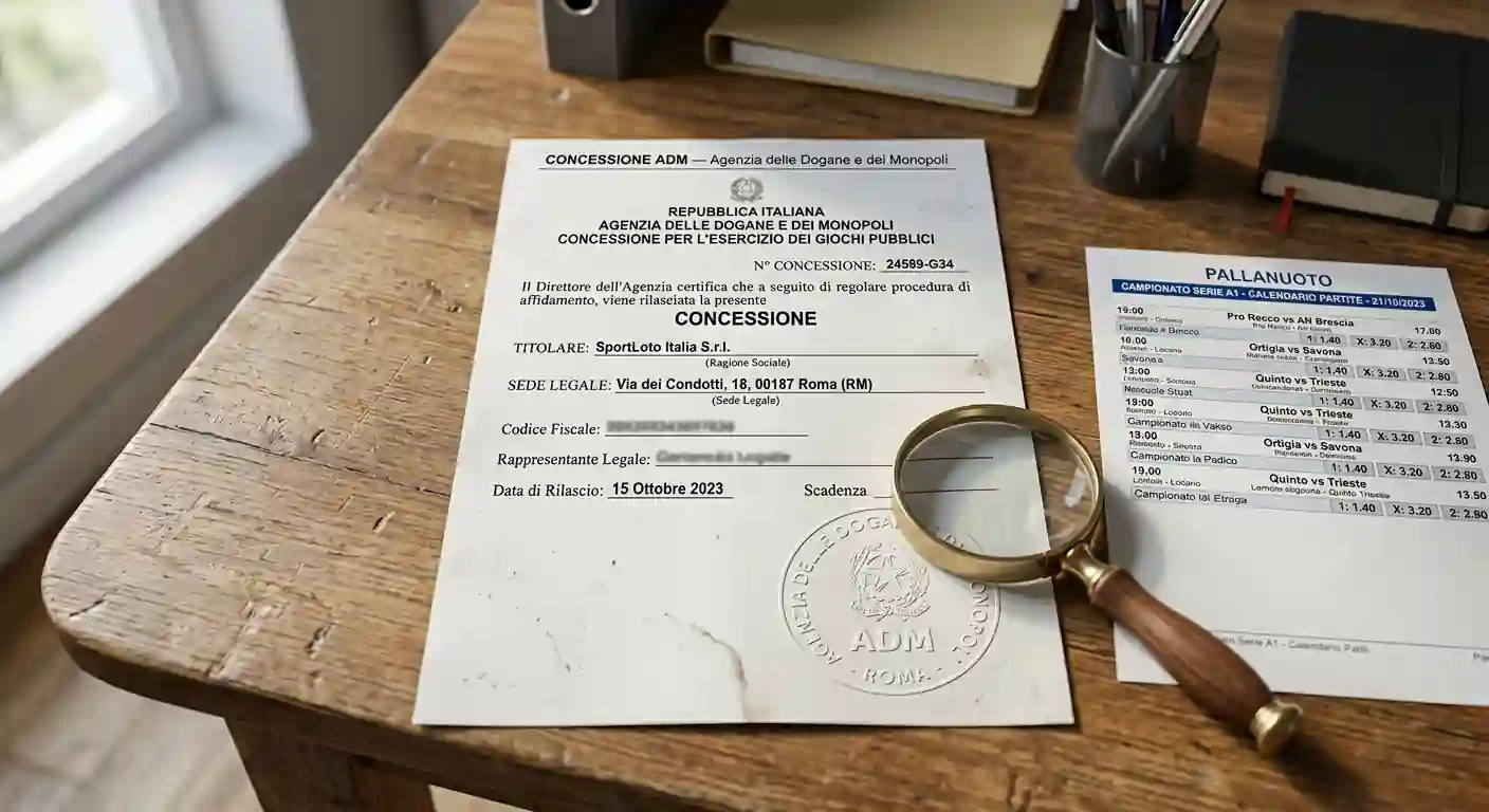 Documento di concessione ADM con timbro ufficiale e dati identificativi del concessionario di scommesse online